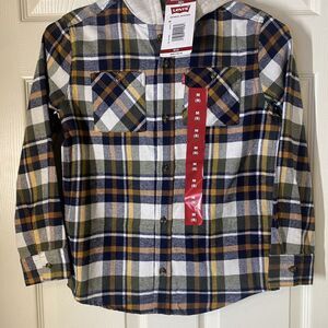 Levi's Hooded Plaid Flannel Button Up Shirt, Oatmeal Heather,  Boys Size 8 - NWT
